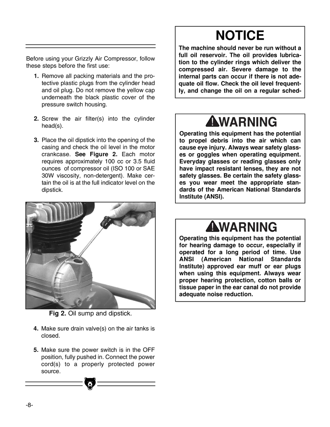 Grizzly G8298, G8299, G8297 instruction manual Oil sump and dipstick 