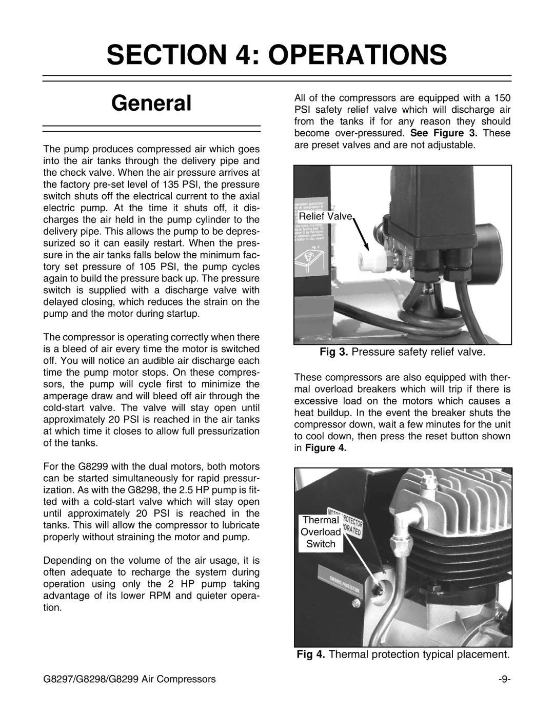 Grizzly G8297, G8299, G8298 Operations, General, Pressure safety relief valve, Thermal protection typical placement 