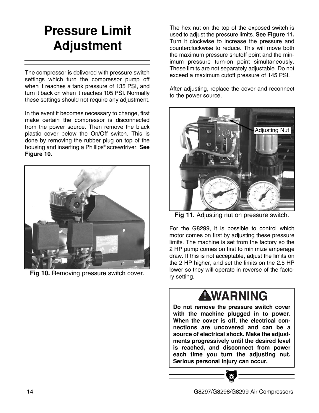 Grizzly G8298, G8299, G8297 instruction manual Pressure Limit Adjustment 