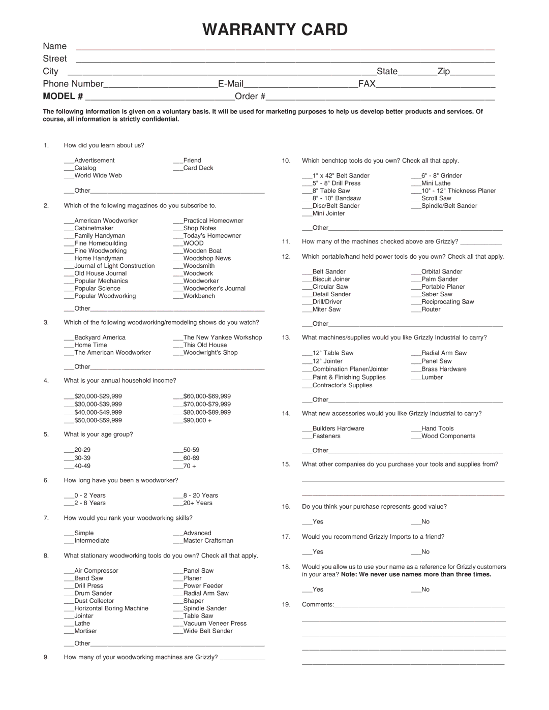 Grizzly G8298, G8299, G8297 instruction manual Warranty Card 