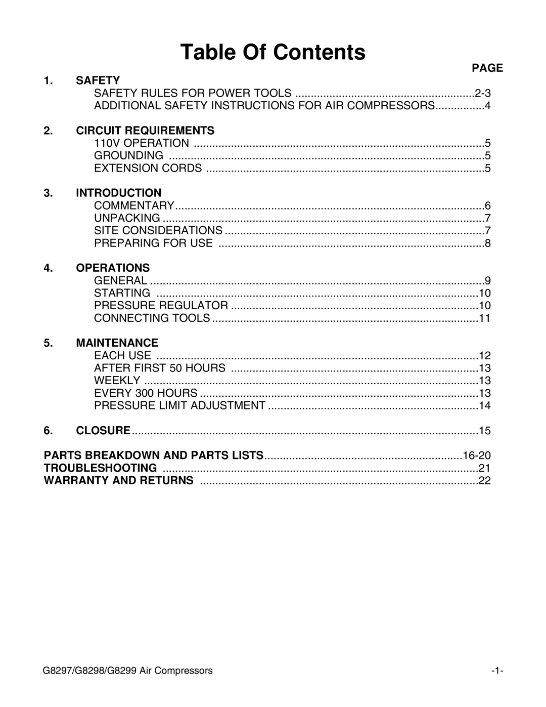 Grizzly G8299, G8298, G8297 instruction manual Table Of Contents 