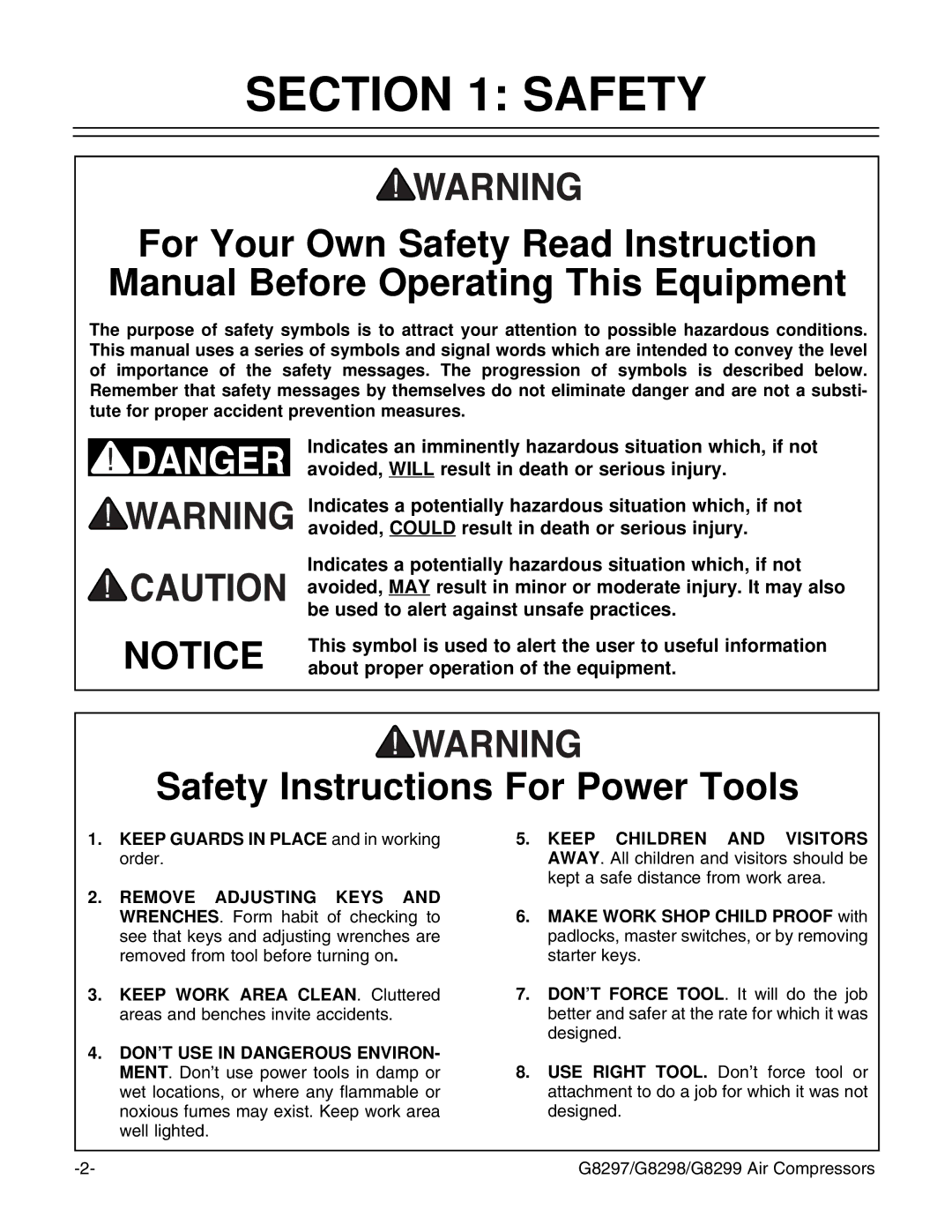 Grizzly G8298, G8299, G8297 instruction manual Safety Instructions For Power Tools 