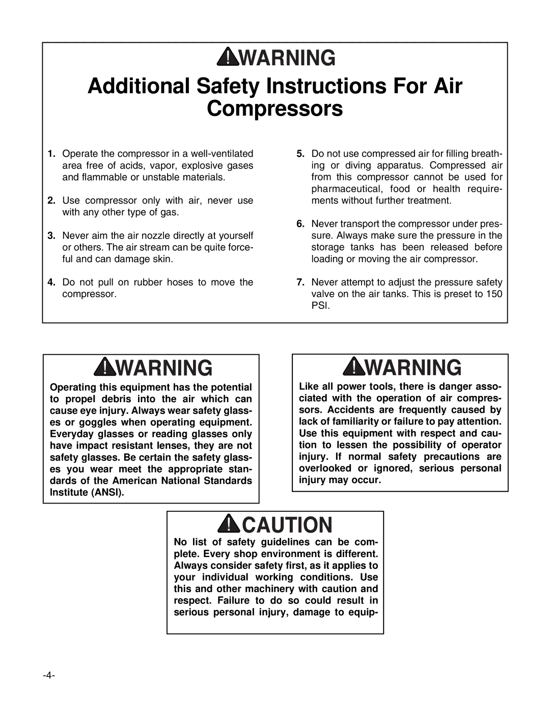 Grizzly G8299, G8298, G8297 instruction manual Additional Safety Instructions For Air Compressors 