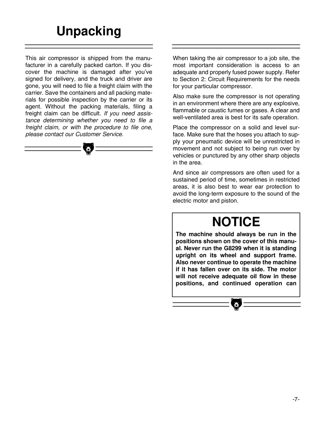 Grizzly G8299, G8298, G8297 instruction manual Unpacking 