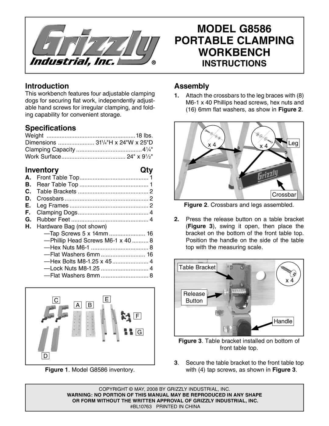 Grizzly G8586 specifications Introduction Assembly, Specifications, Inventory 