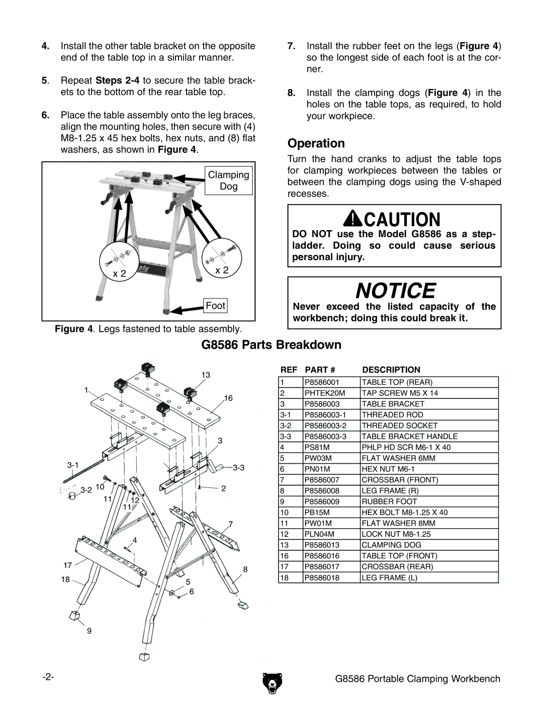 Grizzly specifications Operation, G8586 Parts Breakdown 