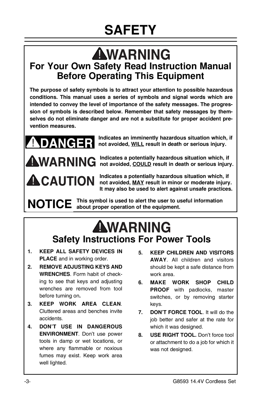 Grizzly G8593 manual Safety, Before Operating This Equipment 