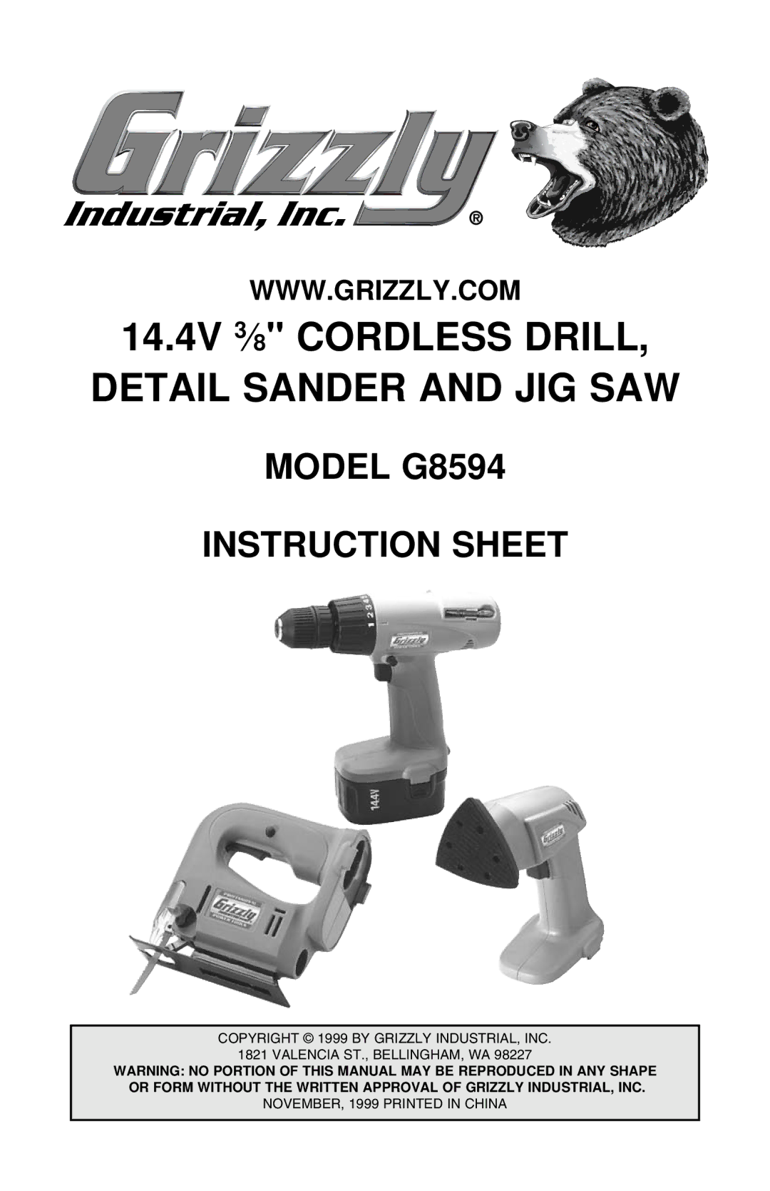 Grizzly G8594 instruction sheet 14.4V 3⁄8 Cordless Drill Detail Sander and JIG SAW 