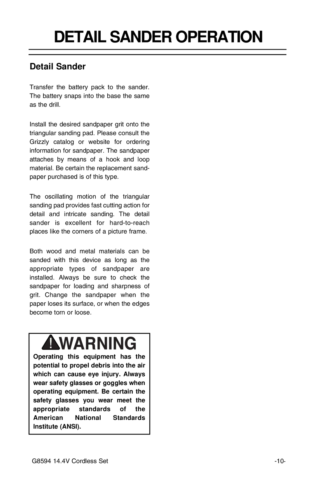 Grizzly G8594 instruction sheet Detail Sander Operation 