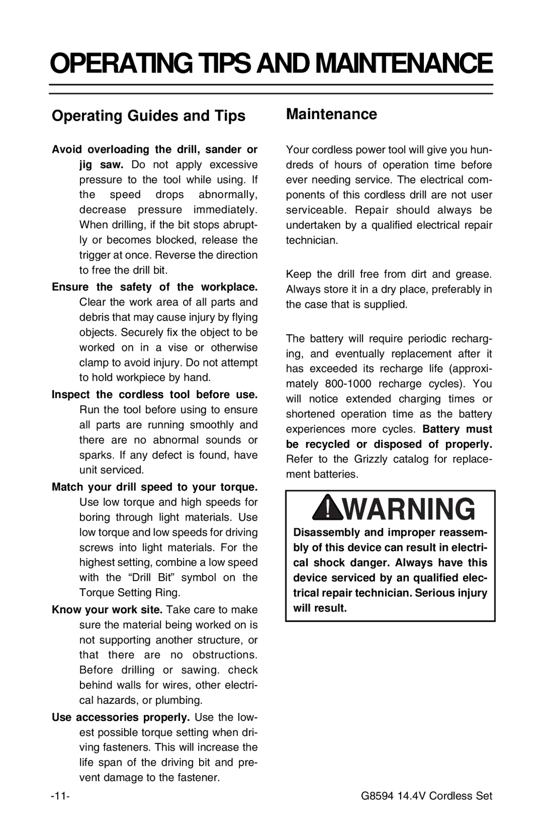 Grizzly G8594 instruction sheet Operating Guides and Tips, Maintenance 