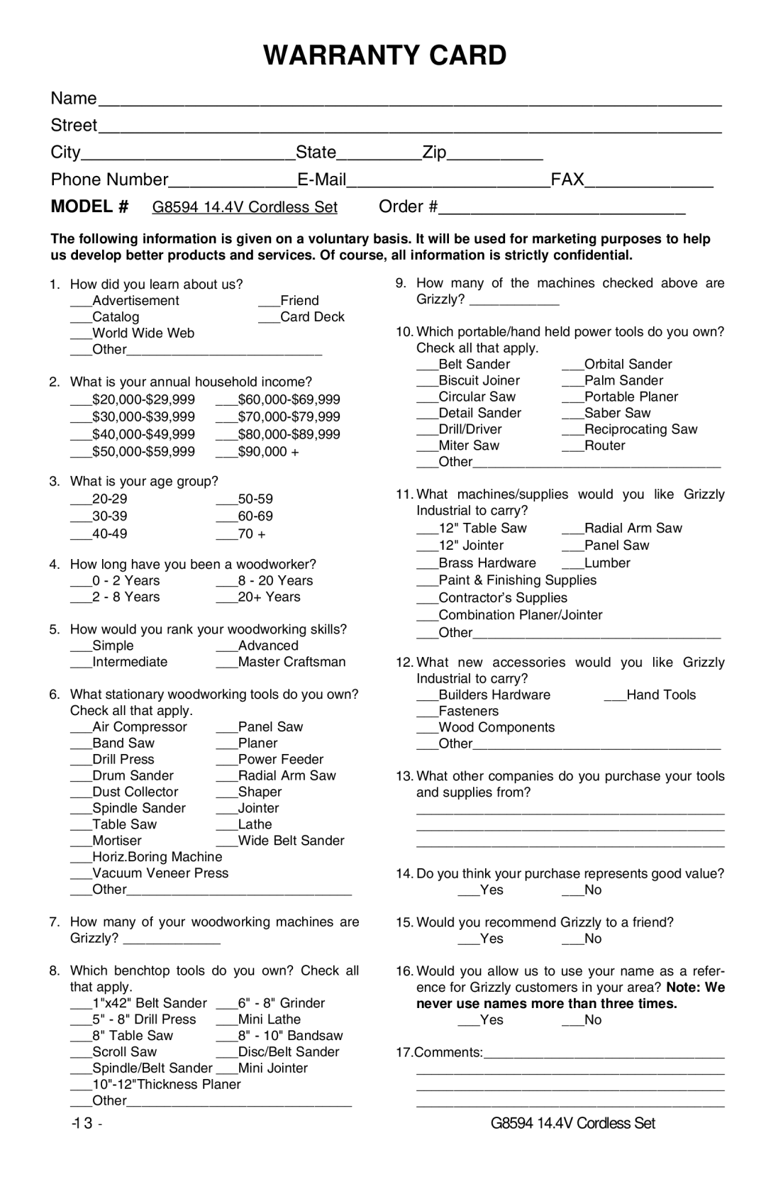 Grizzly G8594 instruction sheet Warranty Card 