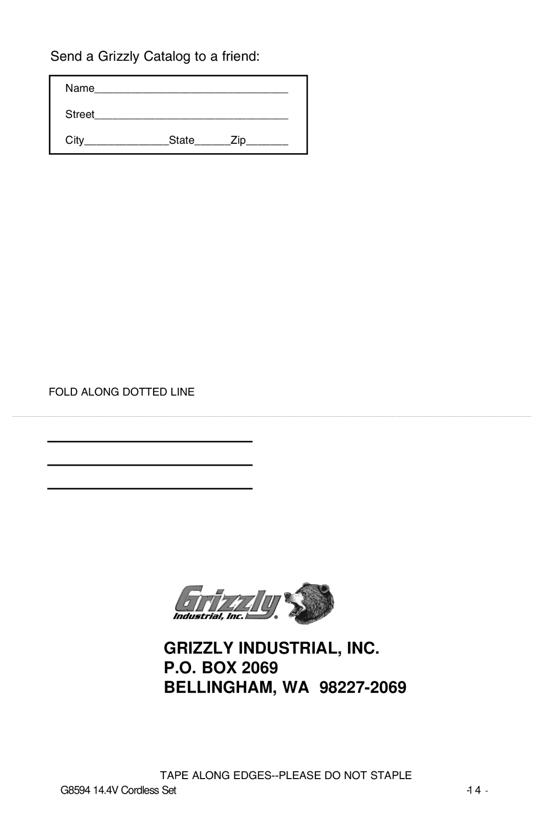 Grizzly G8594 instruction sheet Grizzly INDUSTRIAL, INC 