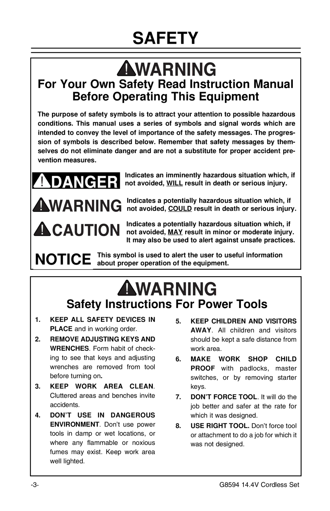 Grizzly G8594 instruction sheet Safety, Before Operating This Equipment 