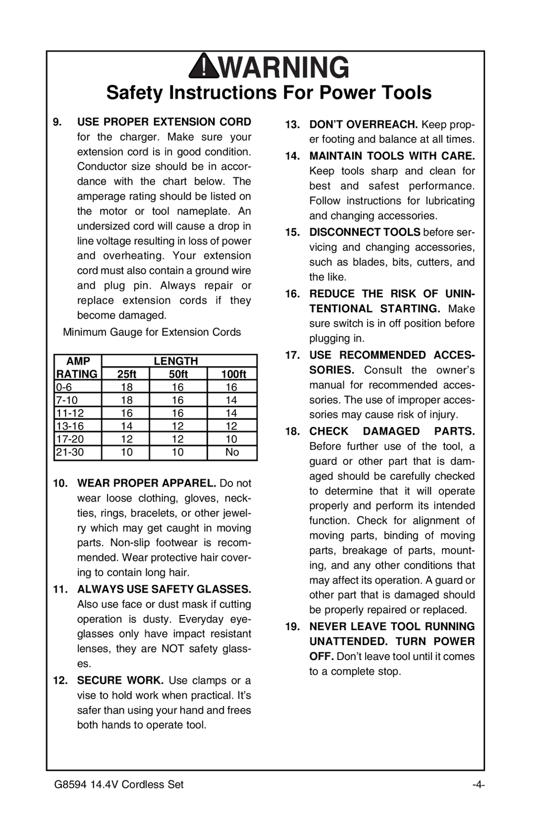 Grizzly G8594 instruction sheet AMP Length Rating 