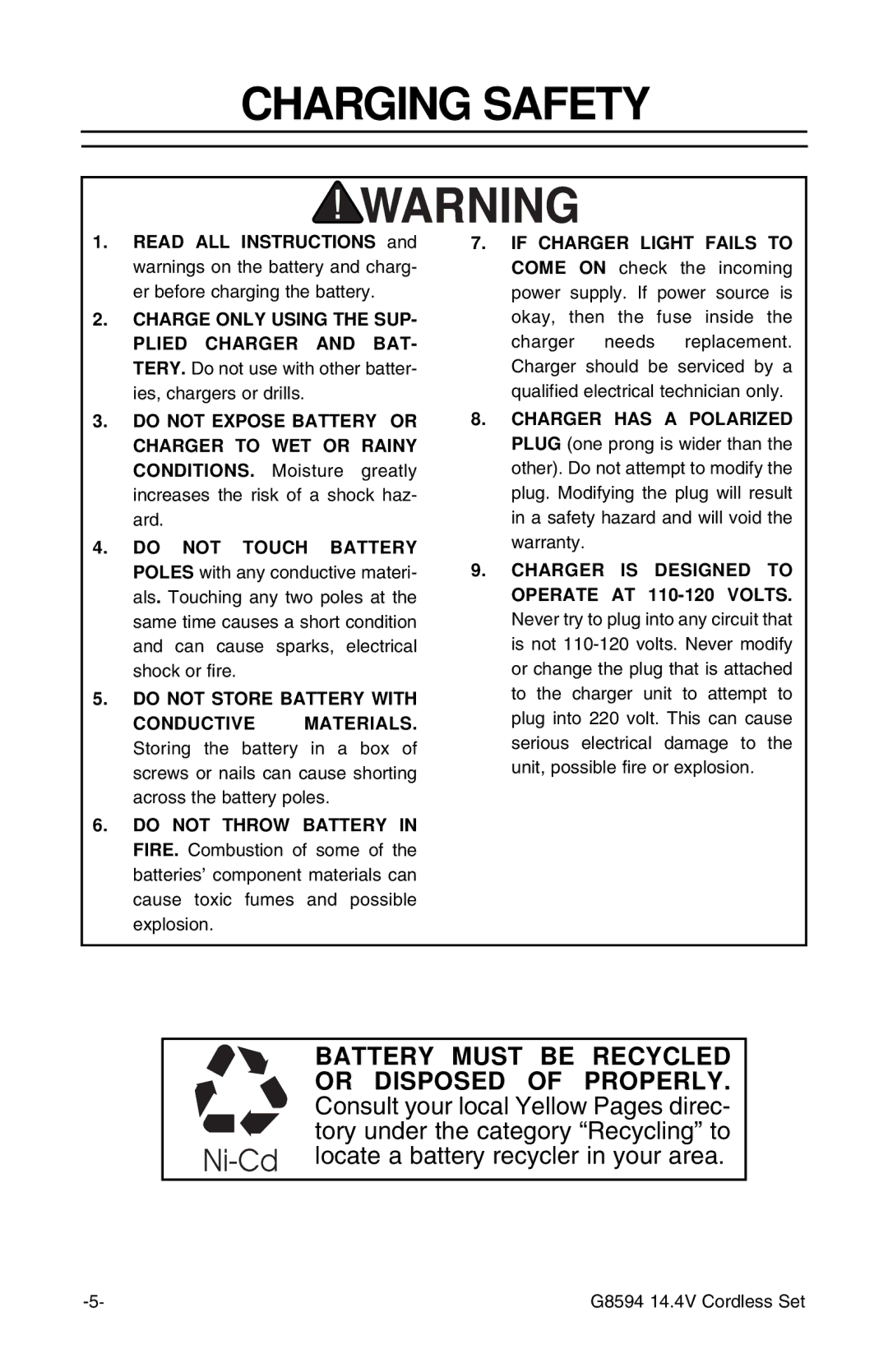 Grizzly G8594 instruction sheet Charging Safety, Do not Store Battery with 