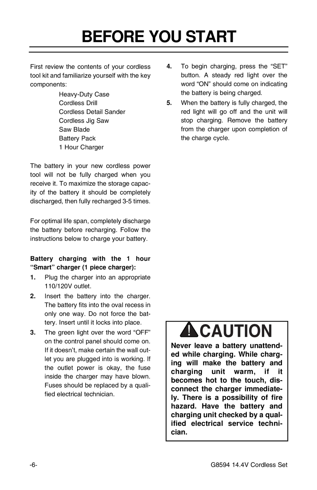 Grizzly G8594 instruction sheet Before YOU Start, Plug the charger into an appropriate 110/120V outlet 