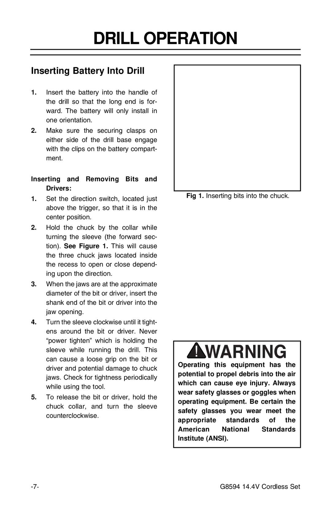 Grizzly G8594 instruction sheet Drill Operation, Inserting Battery Into Drill 