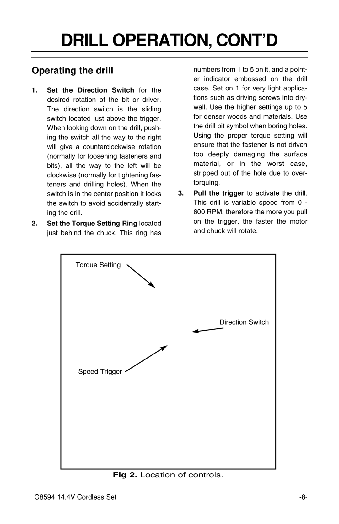 Grizzly G8594 instruction sheet Drill OPERATION, CONT’D, Operating the drill 