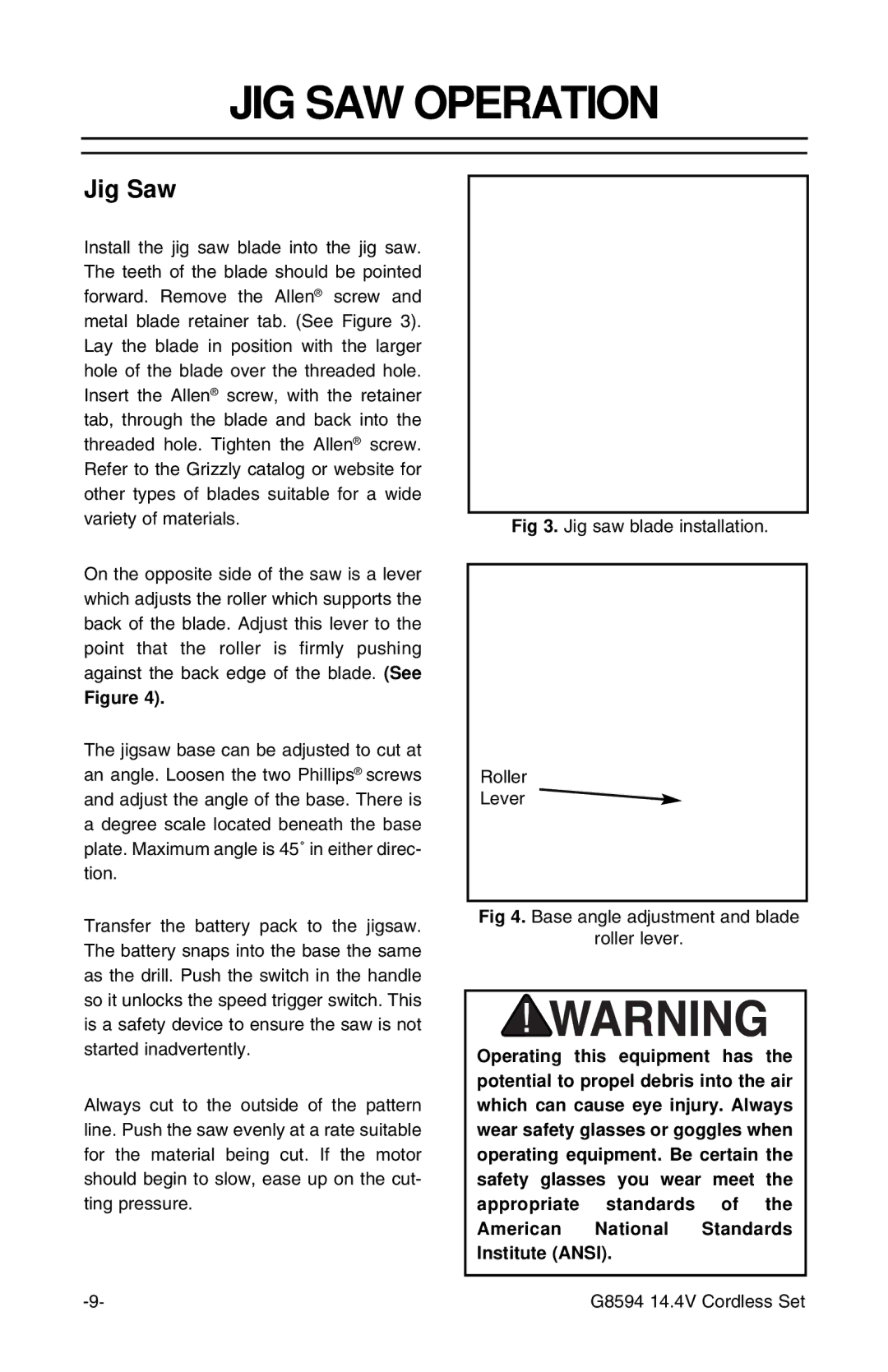 Grizzly G8594 instruction sheet JIG SAW Operation, Jig Saw 