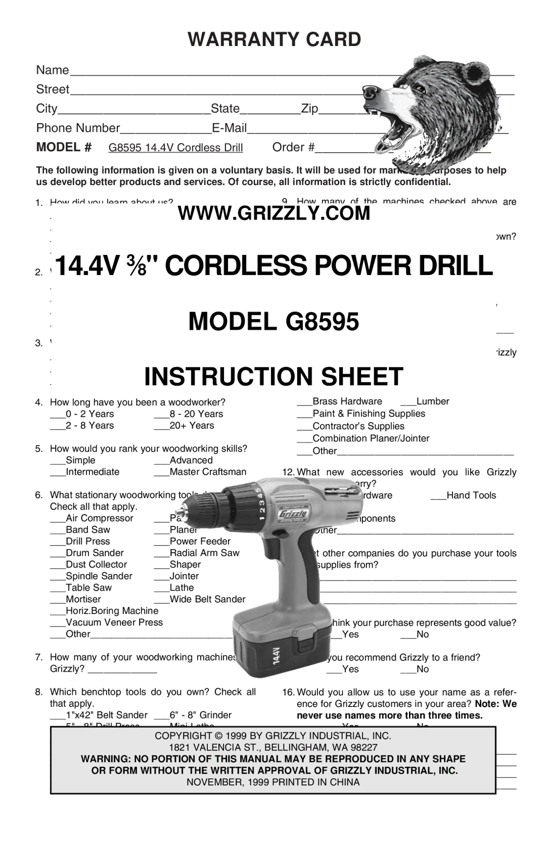 Grizzly G8595 instruction sheet Warranty Card 