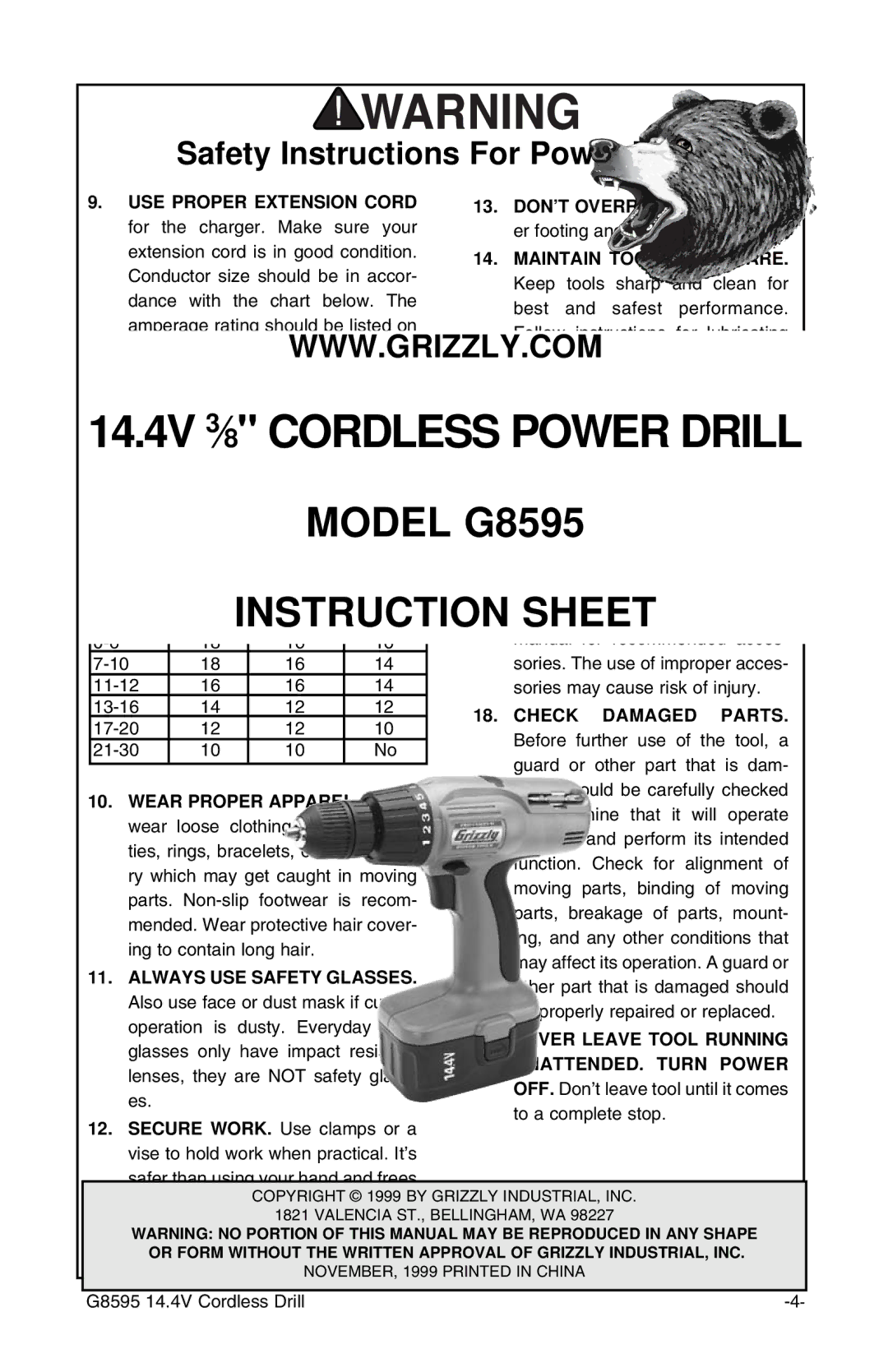 Grizzly G8595 instruction sheet AMP Length Rating, 100ft 