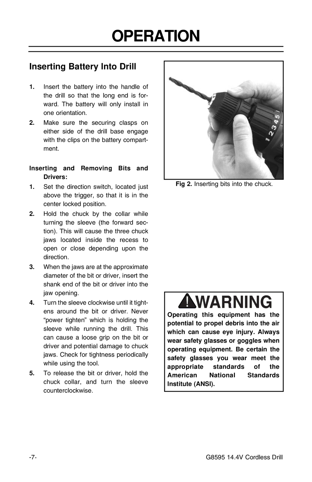 Grizzly G8595 instruction sheet Operation, Inserting Battery Into Drill, Inserting and Removing Bits and Drivers 