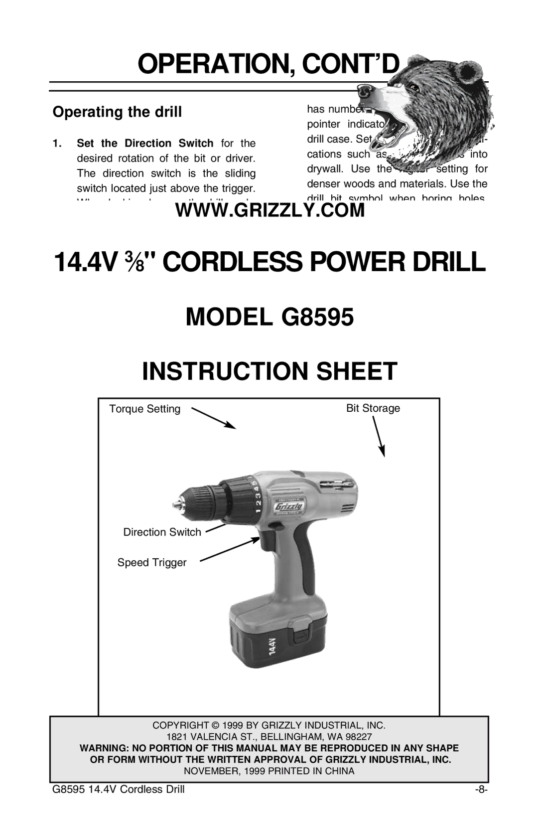 Grizzly G8595 instruction sheet Operation, Cont’D, Operating the drill 