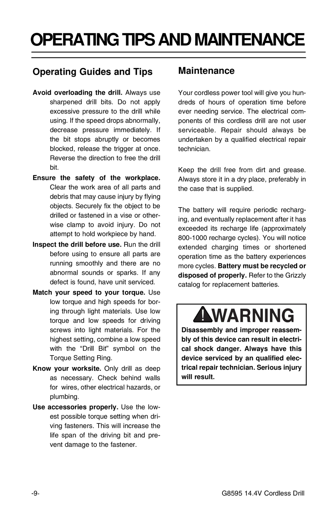 Grizzly G8595 instruction sheet Operating Guides and Tips, Maintenance, Disposed of properly. Refer to the Grizzly 