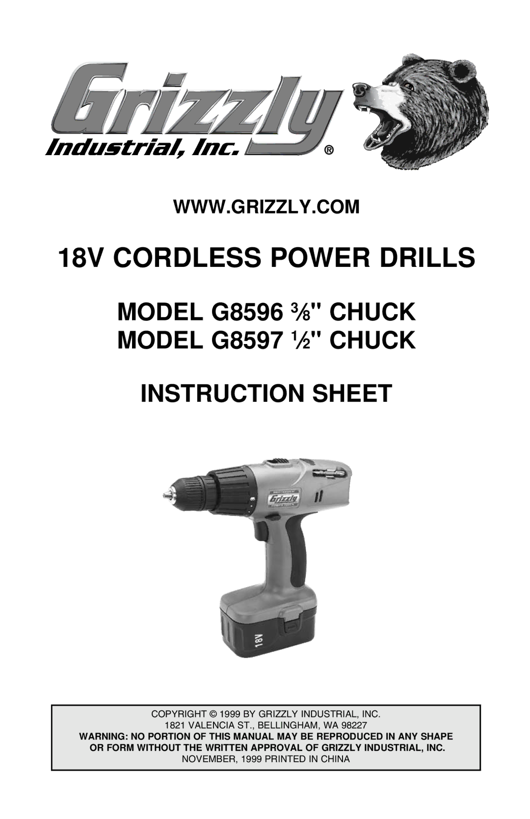 Grizzly G8596 3 /8-inch instruction sheet 18V Cordless Power Drills 