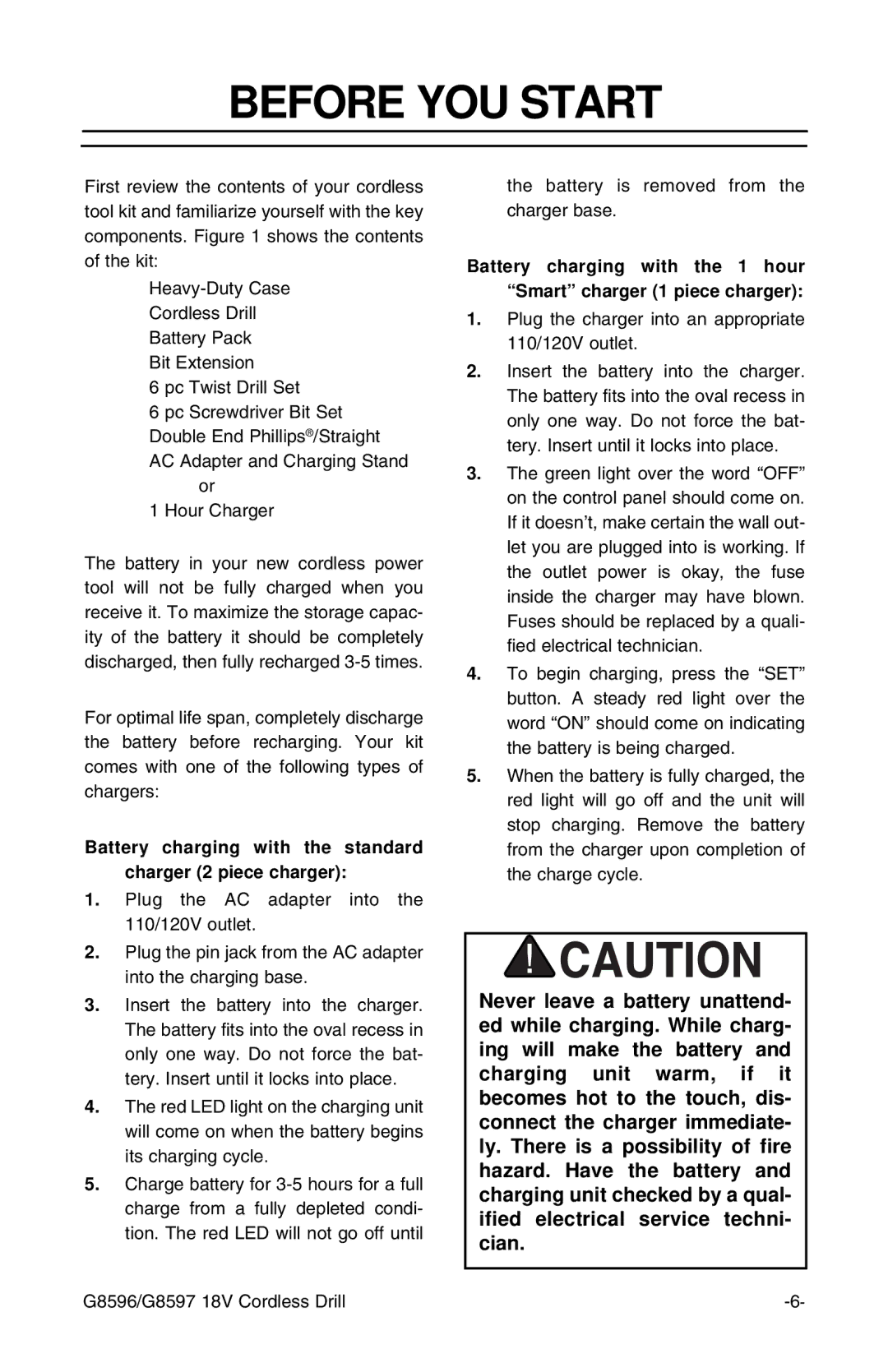 Grizzly G8596 3 /8-inch instruction sheet Before YOU Start, Battery charging with the standard charger 2 piece charger 