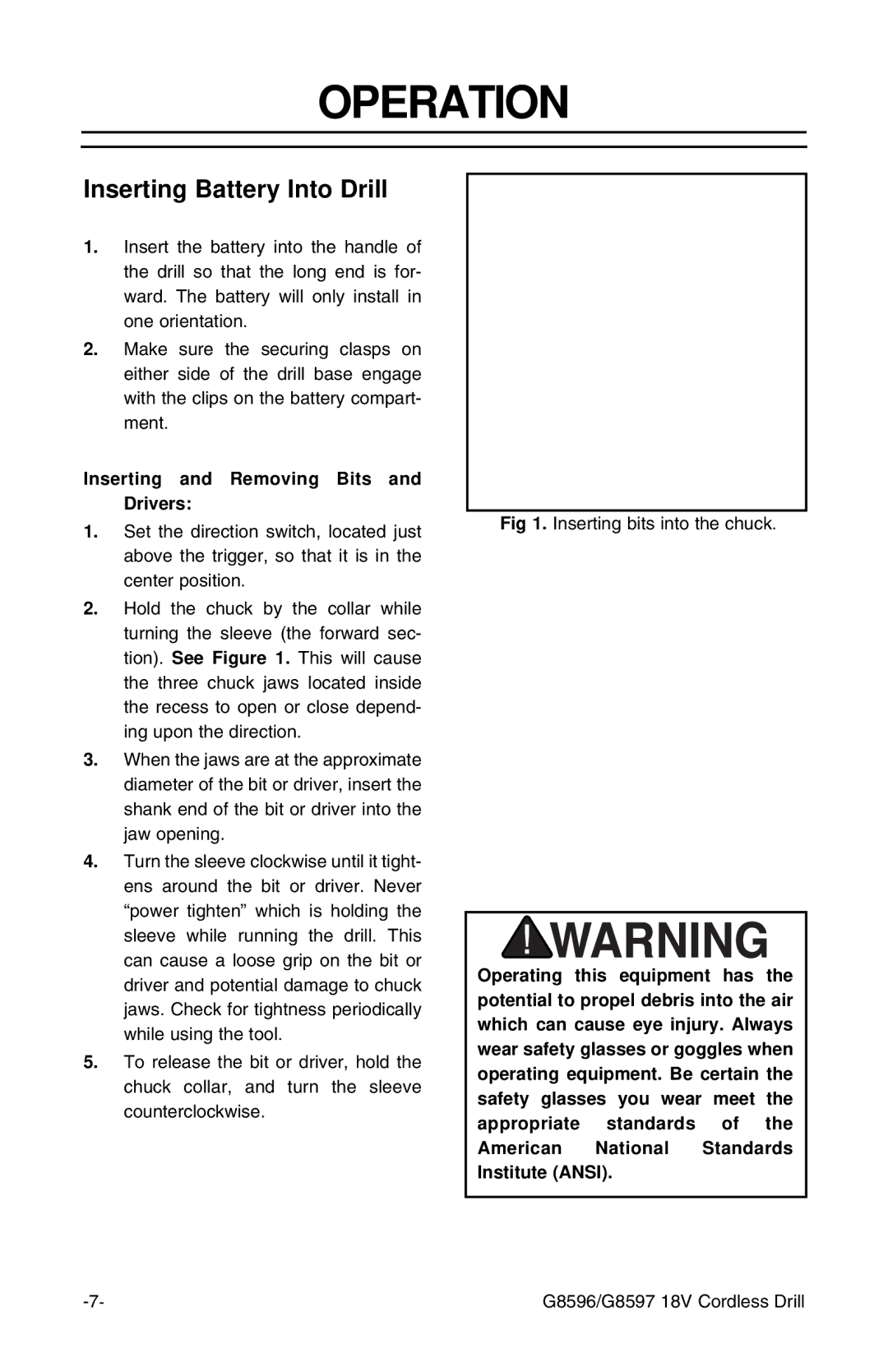 Grizzly G8596 3 /8-inch instruction sheet Operation, Inserting Battery Into Drill, Inserting and Removing Bits and Drivers 