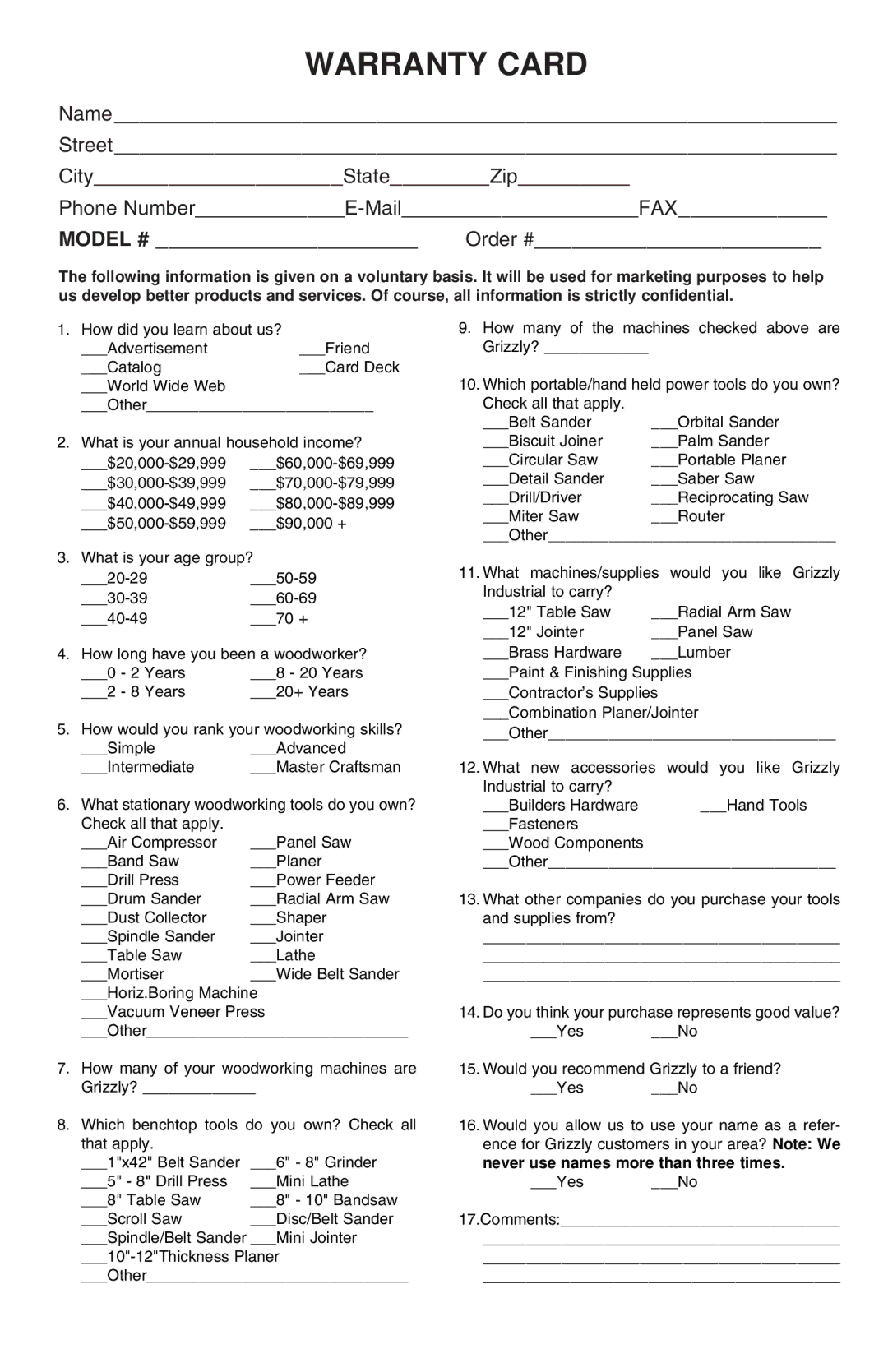 Grizzly G8597 1 /2-inch instruction sheet Warranty Card 