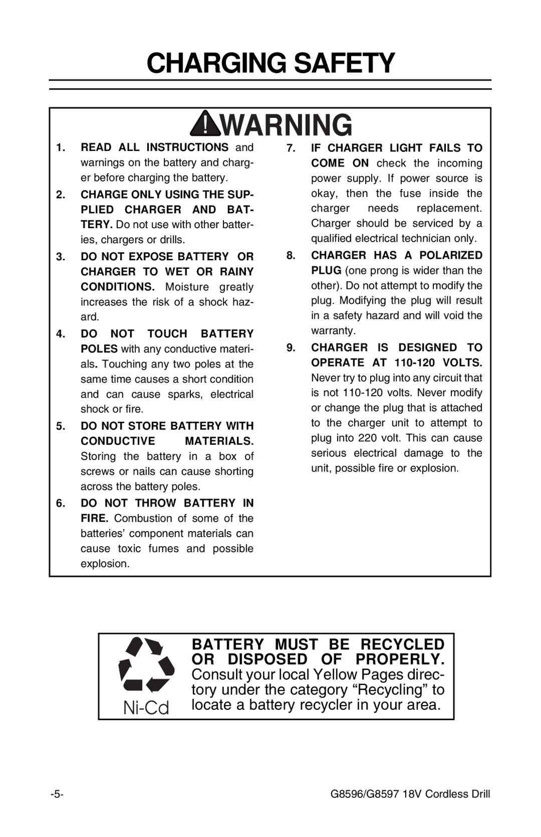 Grizzly G8597 1 /2-inch instruction sheet Charging Safety, Do not Store Battery with 