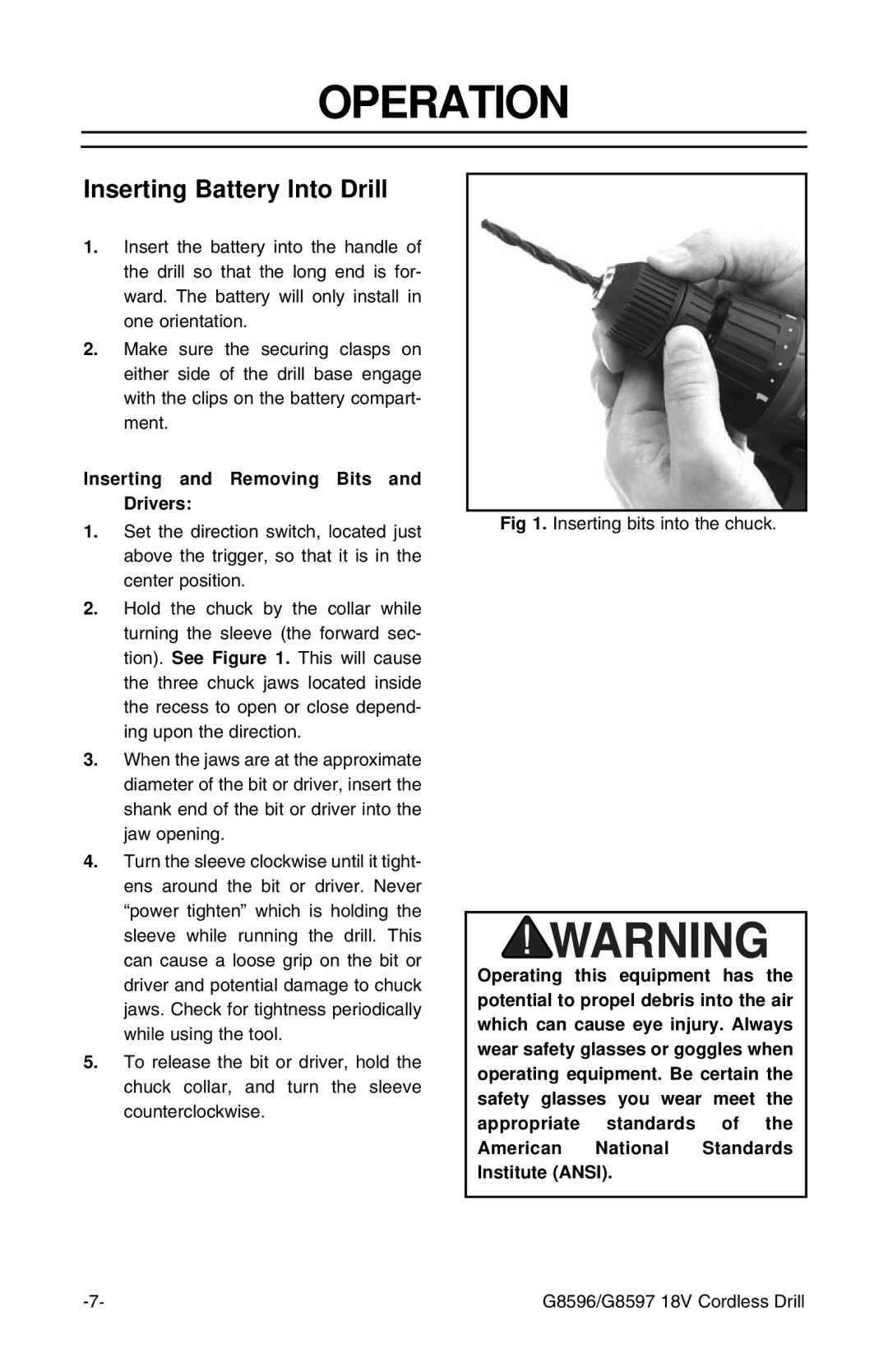 Grizzly G8597 1 /2-inch instruction sheet Operation, Inserting Battery Into Drill, Inserting and Removing Bits and Drivers 