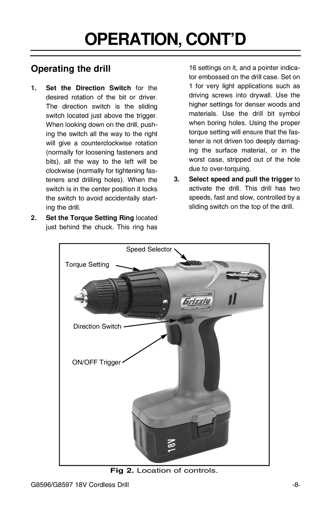 Grizzly G8597 1 /2-inch instruction sheet Operation, Cont’D, Operating the drill 