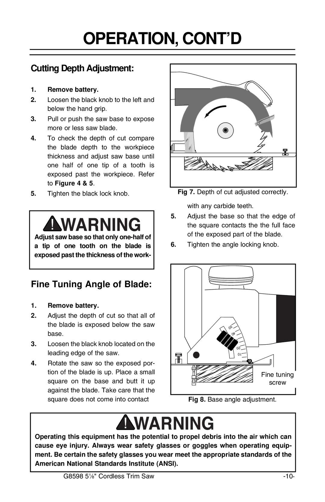 Grizzly G8598 instruction sheet Operation, Cont’D, Cutting Depth Adjustment, Fine Tuning Angle of Blade 