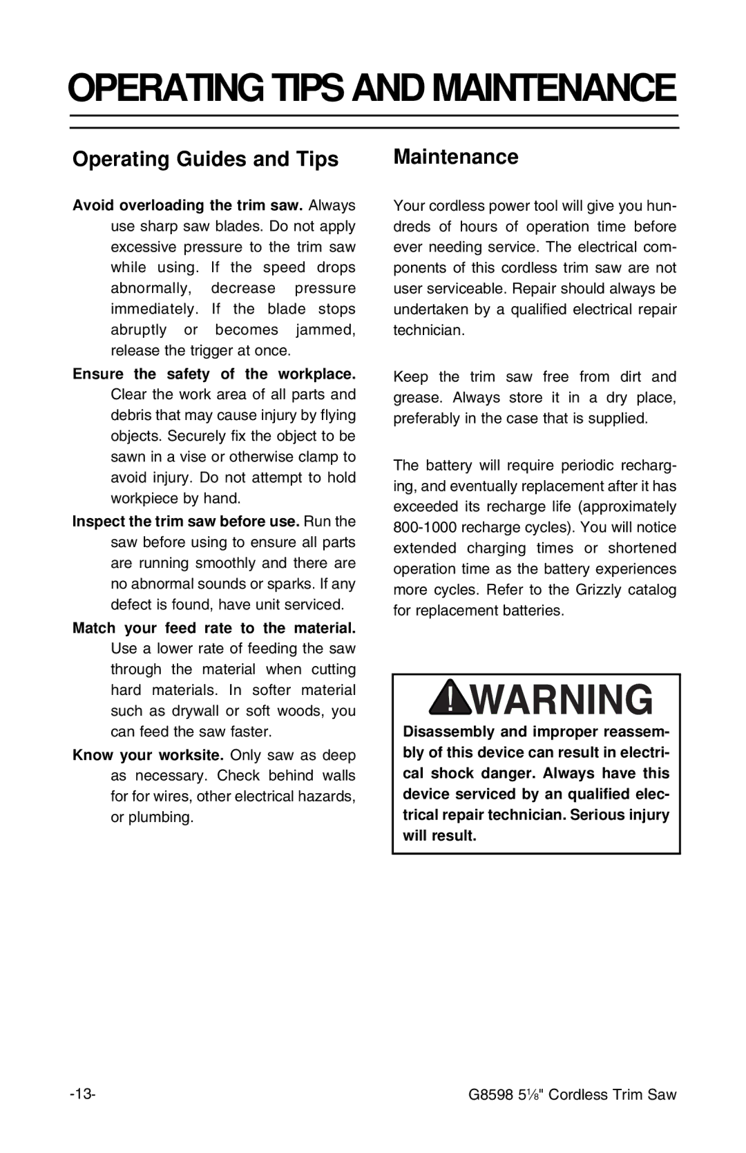 Grizzly G8598 instruction sheet Operating Guides and Tips, Maintenance 