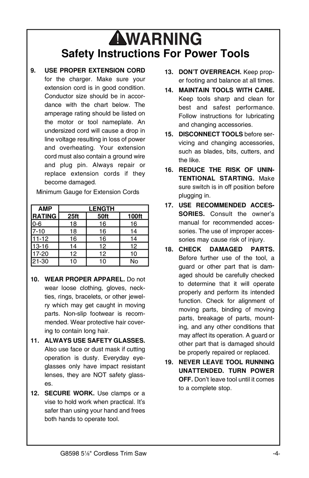 Grizzly G8598 instruction sheet AMP Length Rating 