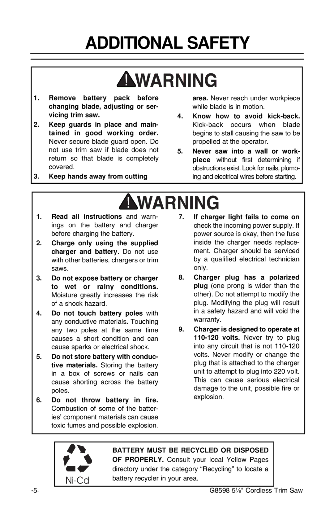 Grizzly G8598 instruction sheet Additional Safety, Battery Must be Recycled or Disposed 