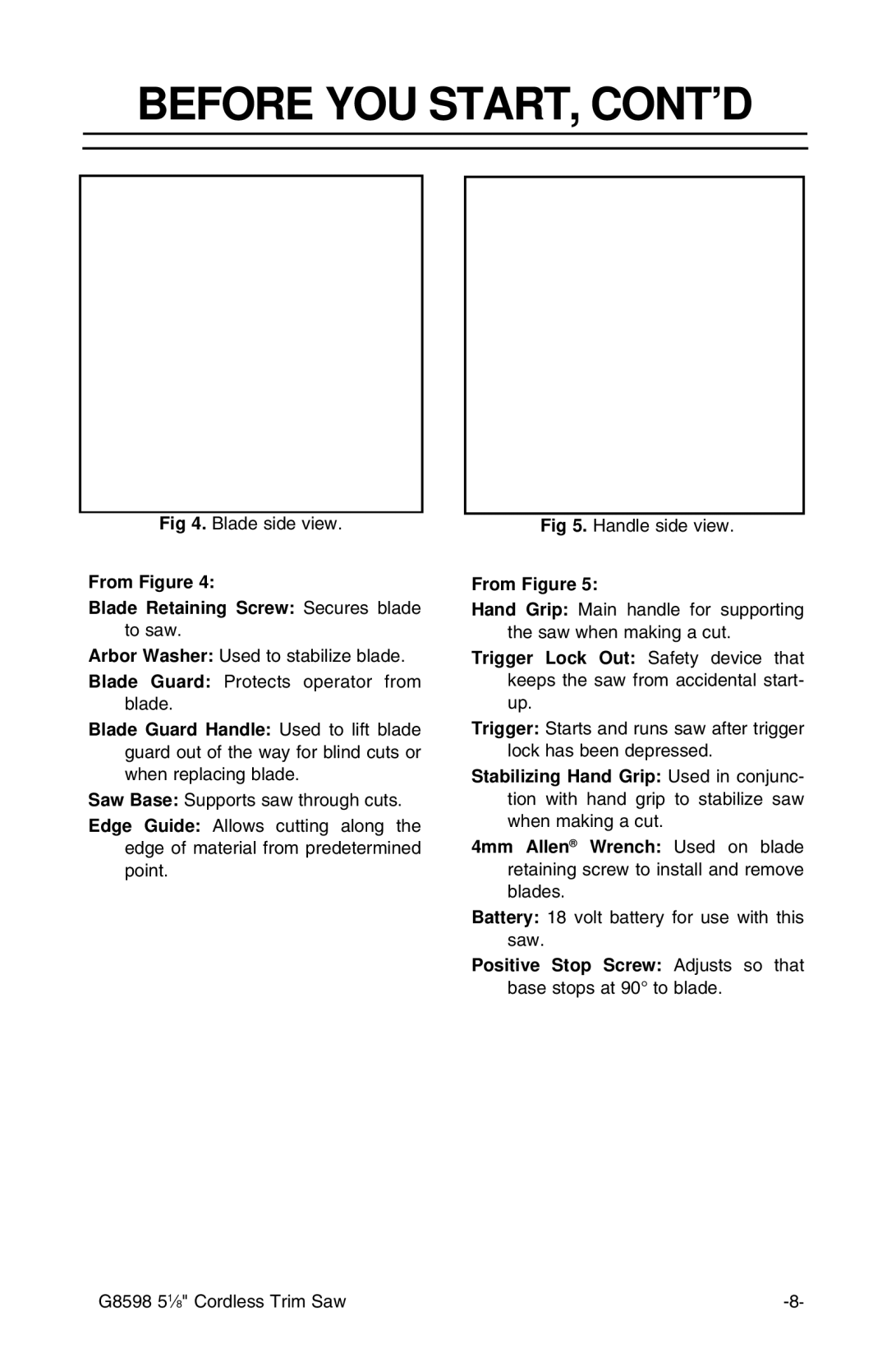 Grizzly G8598 instruction sheet From Figure Blade Retaining Screw Secures blade 