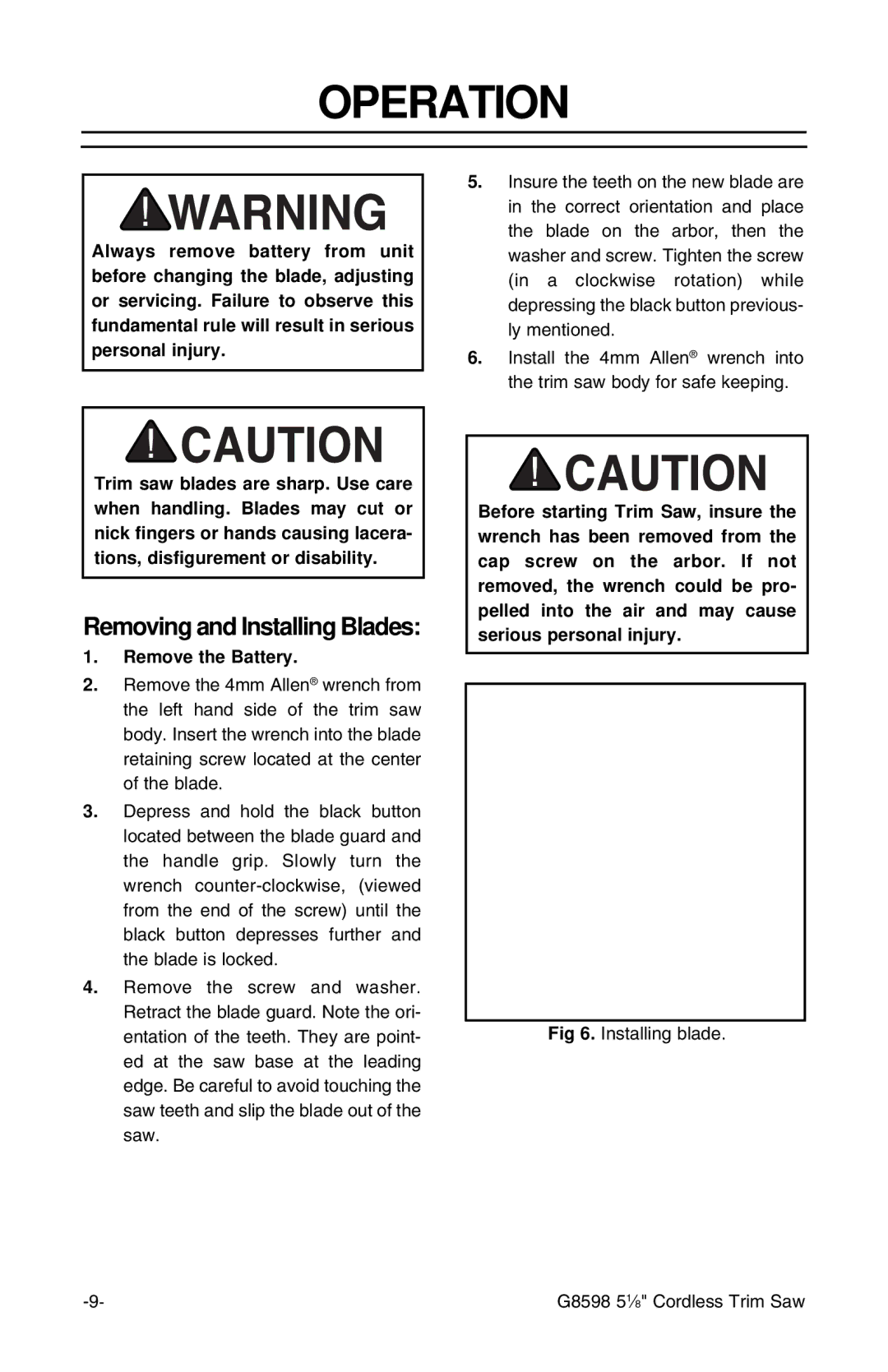 Grizzly G8598 instruction sheet Operation, Removing and Installing Blades 