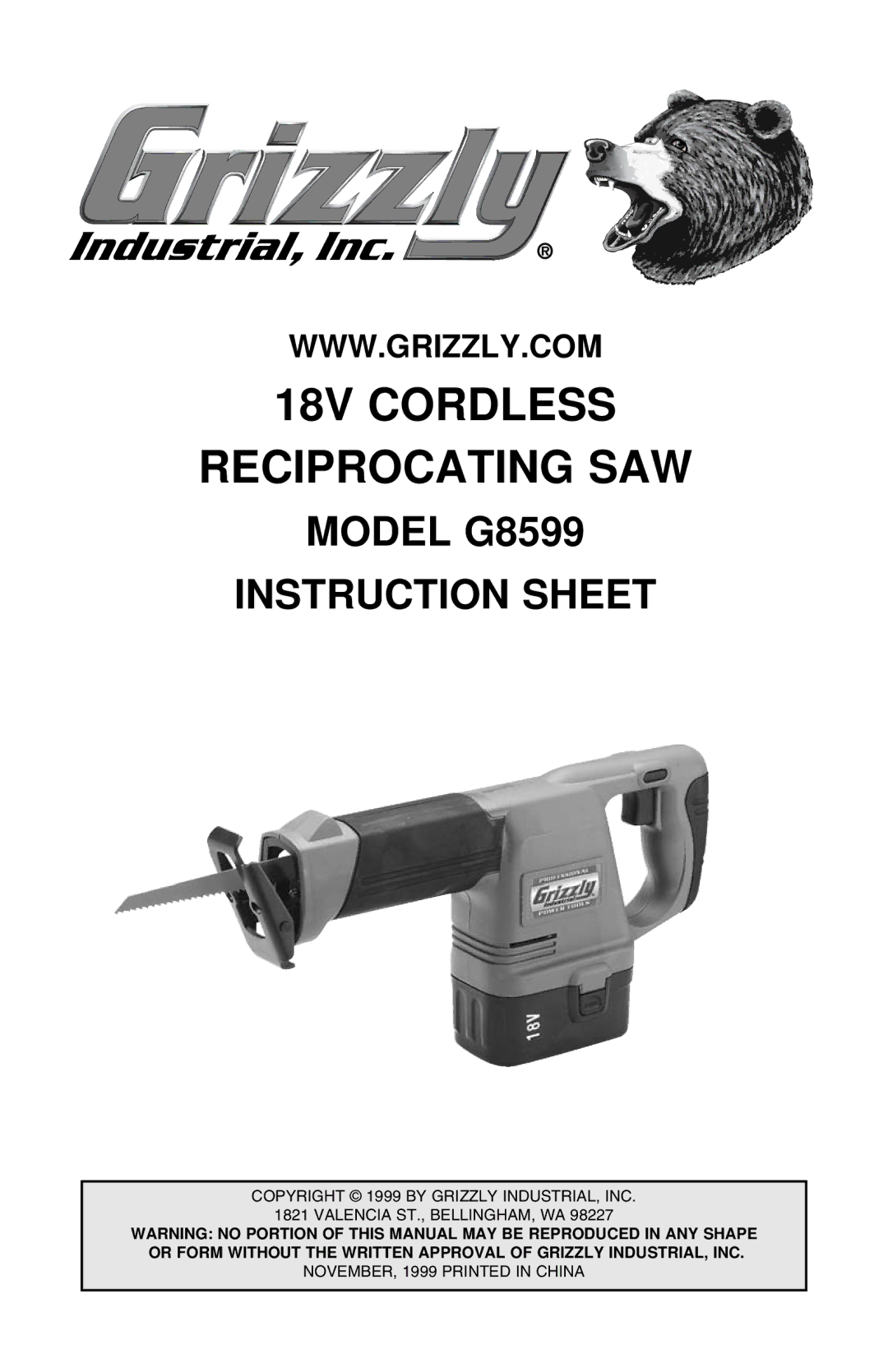 Grizzly G8599 instruction sheet 18V Cordless Reciprocating SAW 