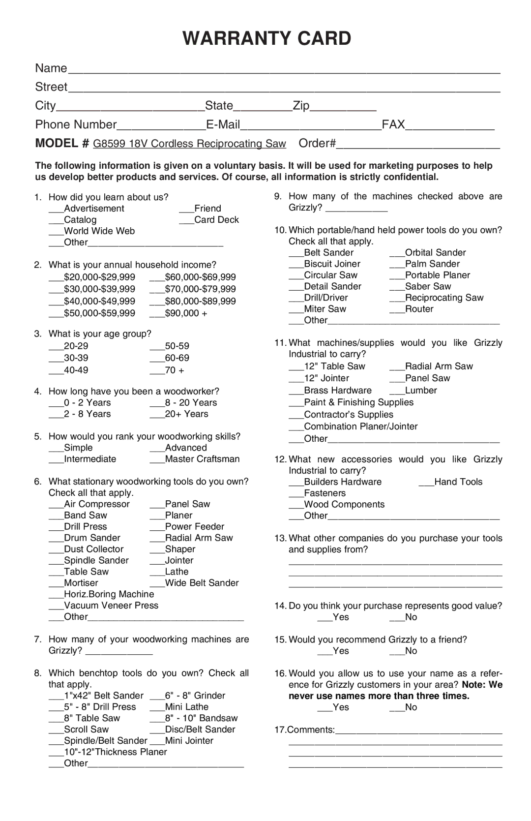 Grizzly G8599 instruction sheet Warranty Card 