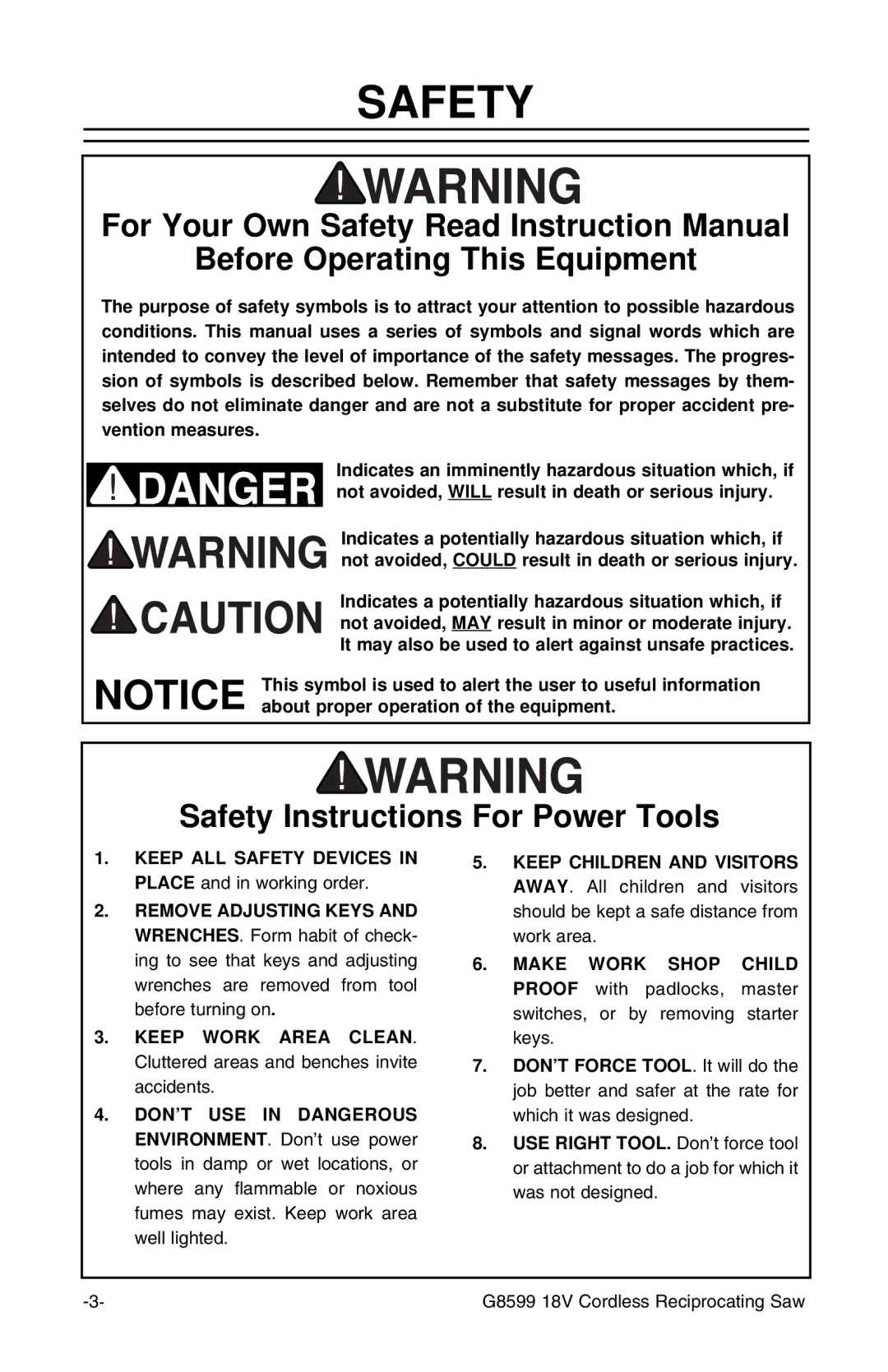 Grizzly G8599 instruction sheet Safety, Before Operating This Equipment 