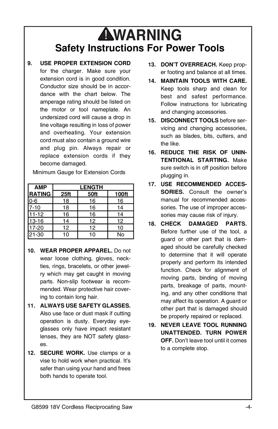 Grizzly G8599 instruction sheet AMP Length Rating 