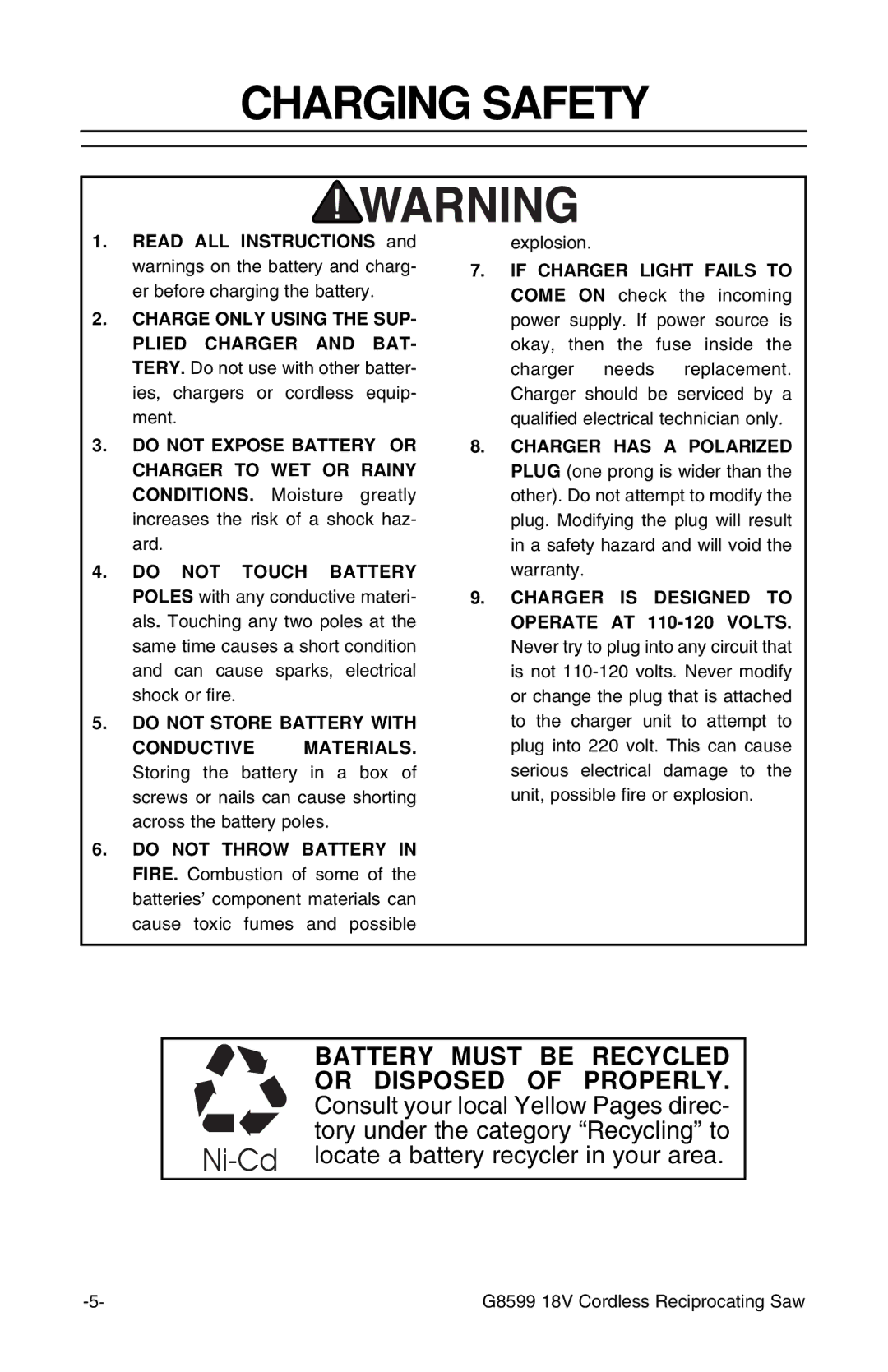 Grizzly G8599 instruction sheet Charging Safety, Do not Store Battery with 