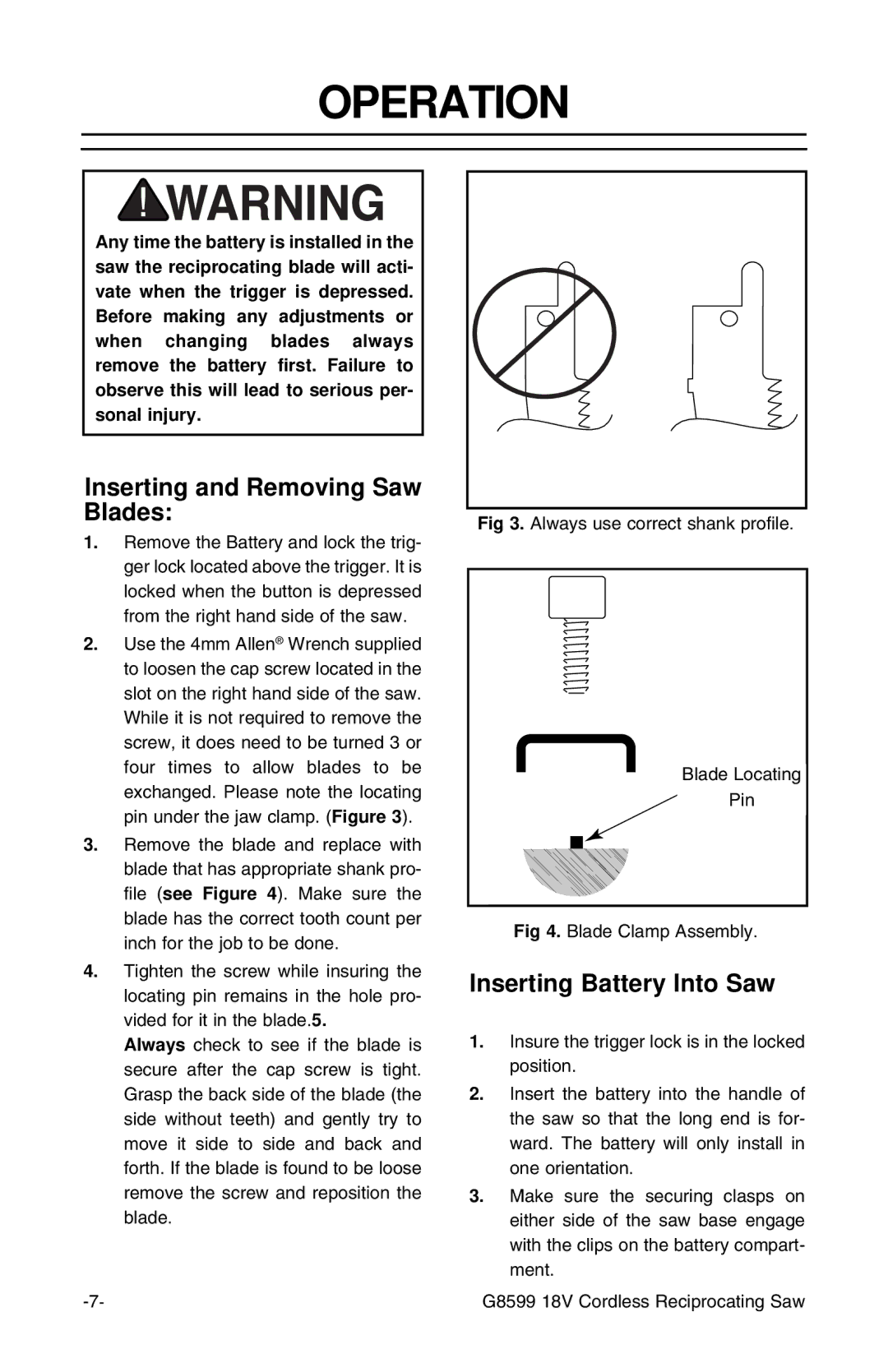 Grizzly G8599 instruction sheet Operation, Inserting and Removing Saw Blades, Inserting Battery Into Saw 