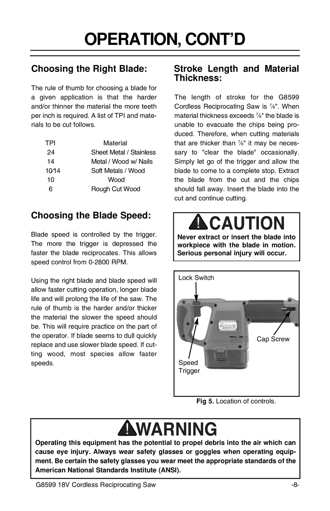 Grizzly G8599 Operation, Cont’D, Choosing the Right Blade, Stroke Length and Material Thickness, Choosing the Blade Speed 