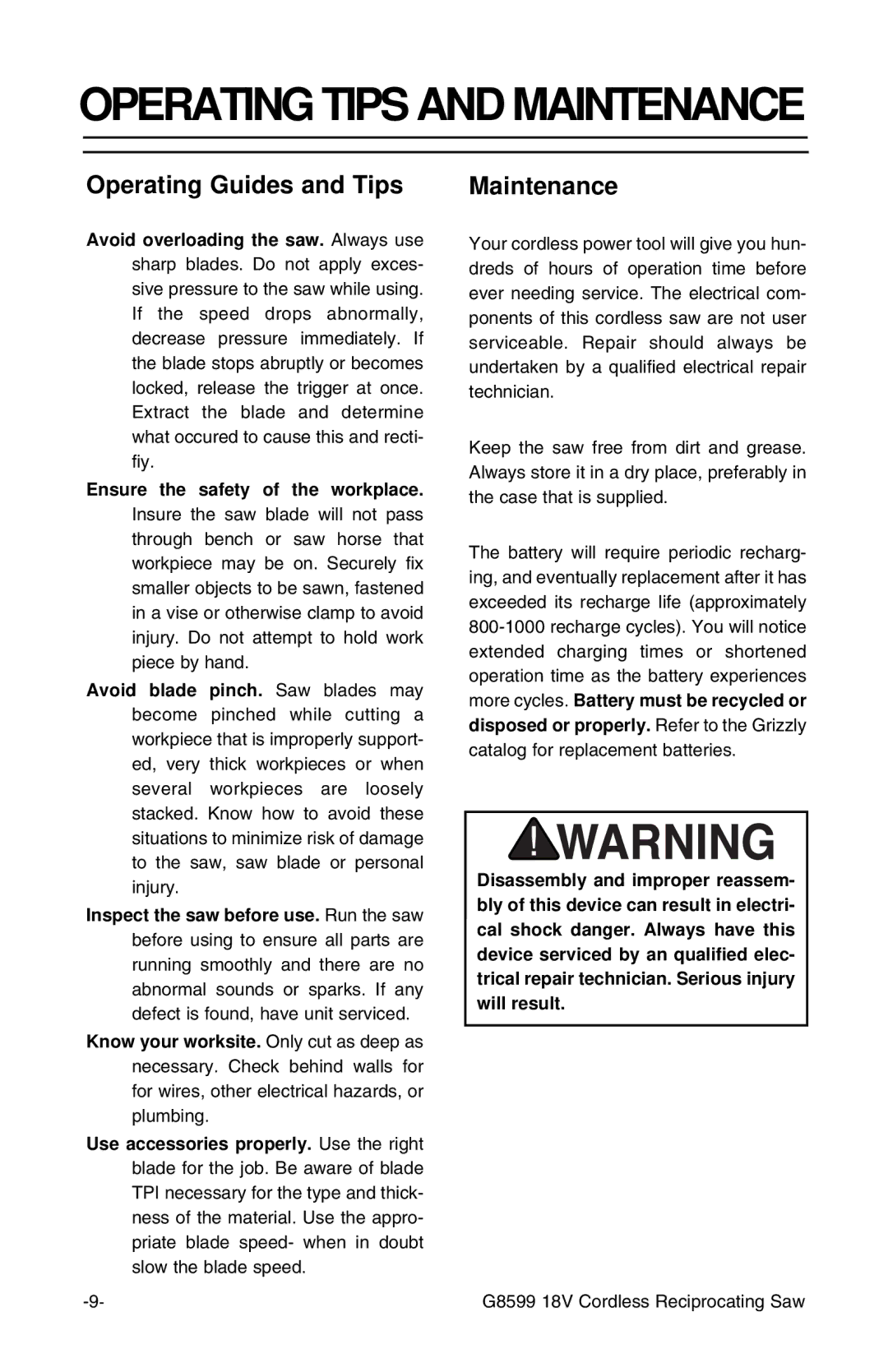 Grizzly G8599 instruction sheet Operating Guides and Tips, Maintenance 