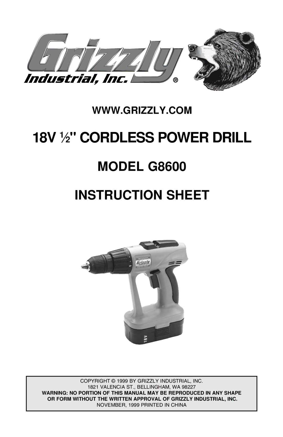 Grizzly G8600 instruction sheet 18V 1⁄2 Cordless Power Drill 